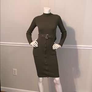 Long sleeve olive ribbed midi dress with belt